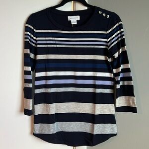 Liz Claiborne women’s‎ navy & neutrals striped sweater, size S, EUC